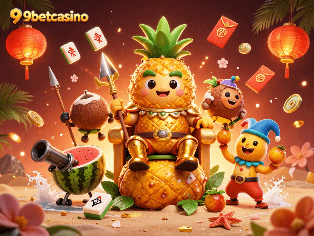 Engage with 9betcasino's vibrant casino scene featuring a golden pineapple king and rich gaming elements.