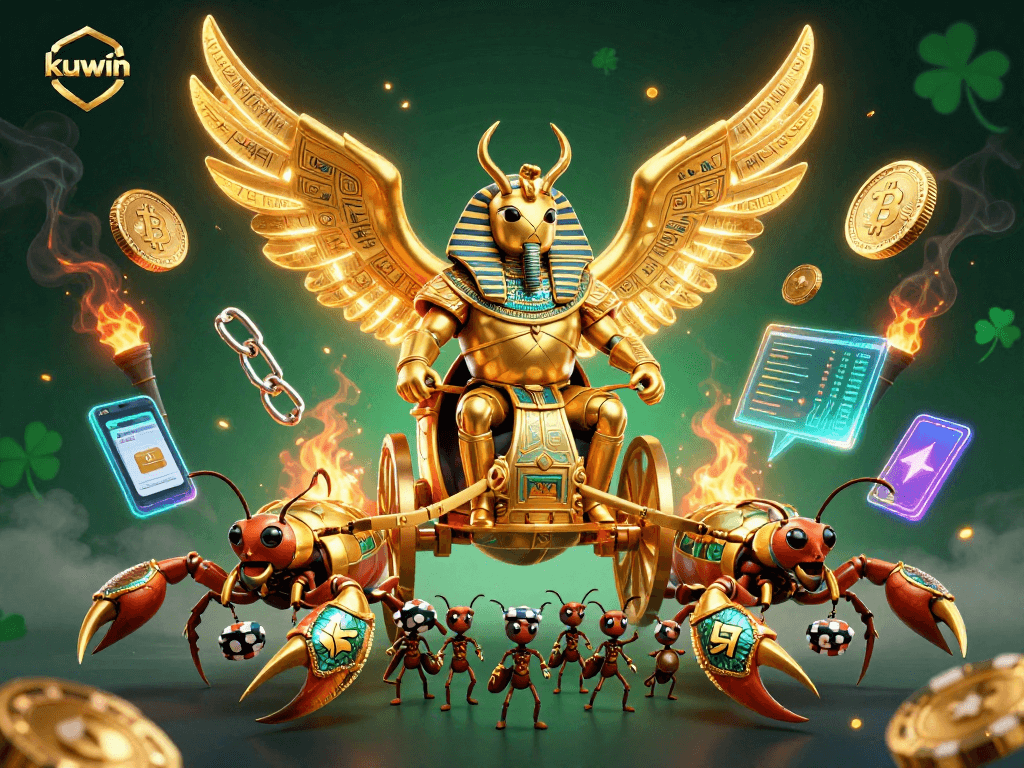 Engage in thrilling action at kuwin with a majestic golden scarab character amidst vibrant casino elements.