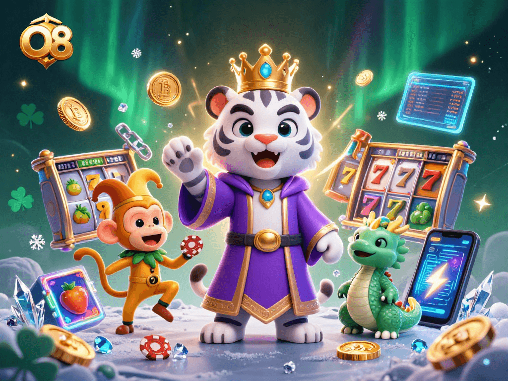 Experience thrilling slots with O8's captivating scene featuring a tiger, monkey, and jade dragon in casino excitement.