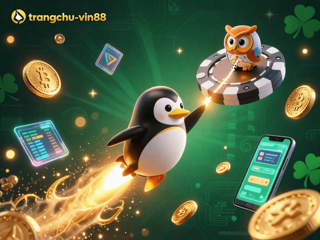 Experience thrilling action at trangchu-vin88 with a vibrant casino-themed 3D illustration.