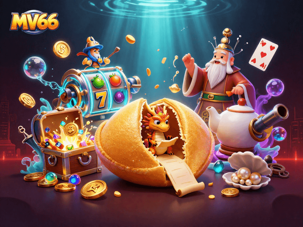 Experience luck and fortune at MV66 with a magical casino scene featuring a golden fortune cookie and vibrant game elements.