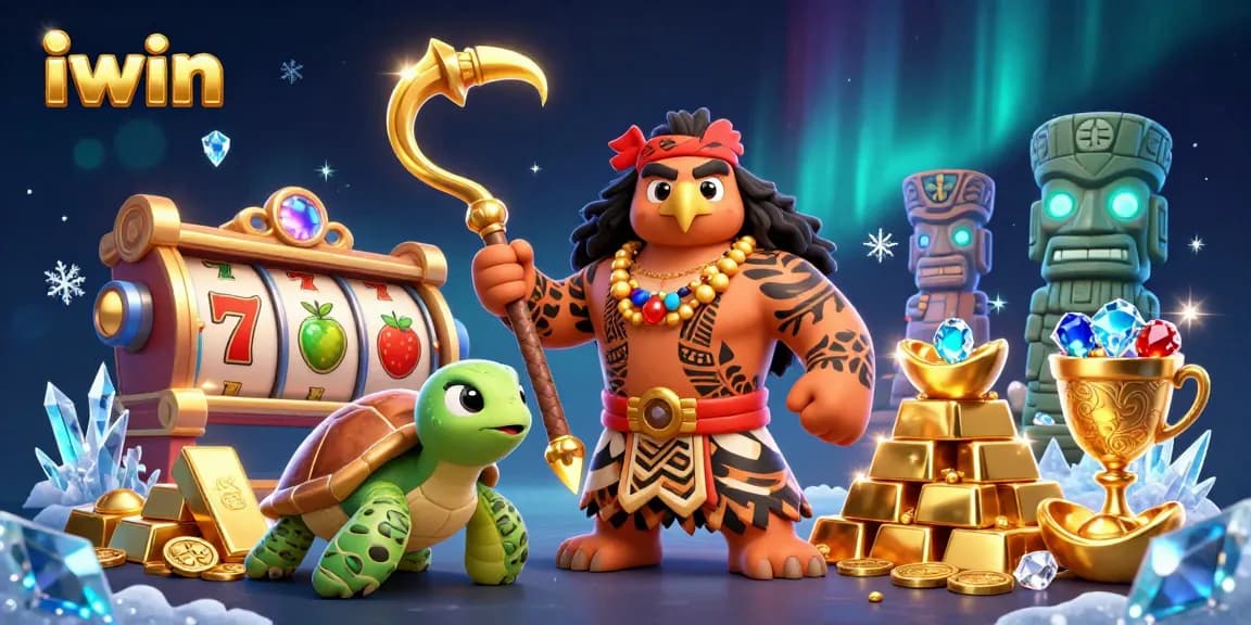 Engage with iwin's thrilling slot reels surrounded by vibrant treasure and magical characters.