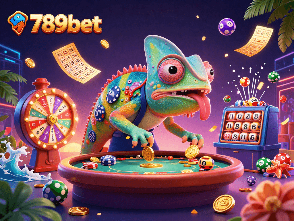 Win at 789bet with a vibrant casino scene featuring a chameleon owner and colorful lottery elements.