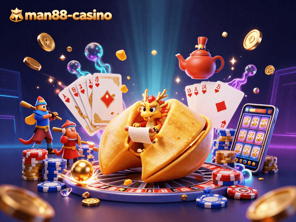 Engage with the vibrant man88-casino scene featuring a lucky golden fortune cookie and dynamic gaming elements.
