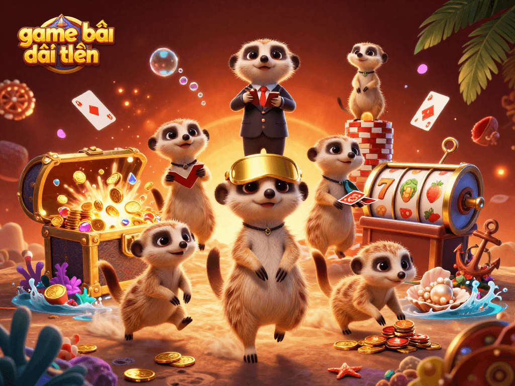 Experience game bài đổi thưởng with eager meerkats managing their vibrant casino operation.