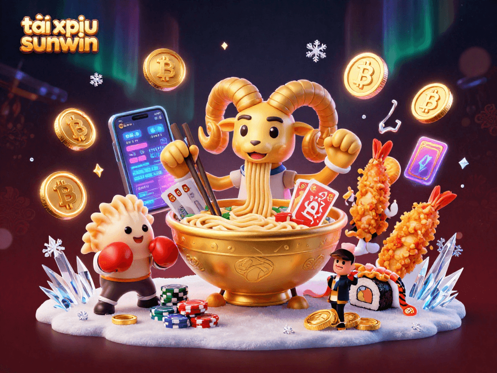 Engage with tài xỉu sunwin through a vibrant 3D scene featuring cartoon characters and cryptocurrency elements.