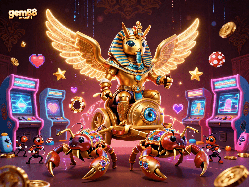 Experience excitement with gem88-mobile, featuring a colossal golden scarab and vibrant casino elements!
