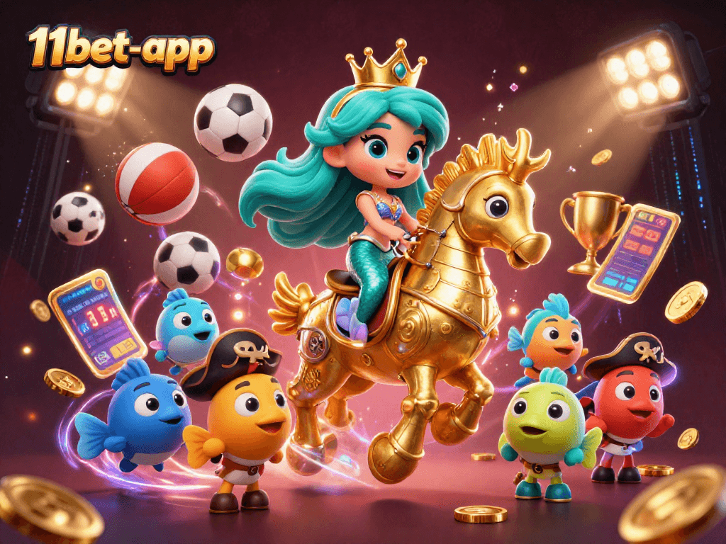 Experience exciting gameplay with 11bet-app, featuring a vibrant mermaid princess and seahorse surrounded by colorful sports elements.