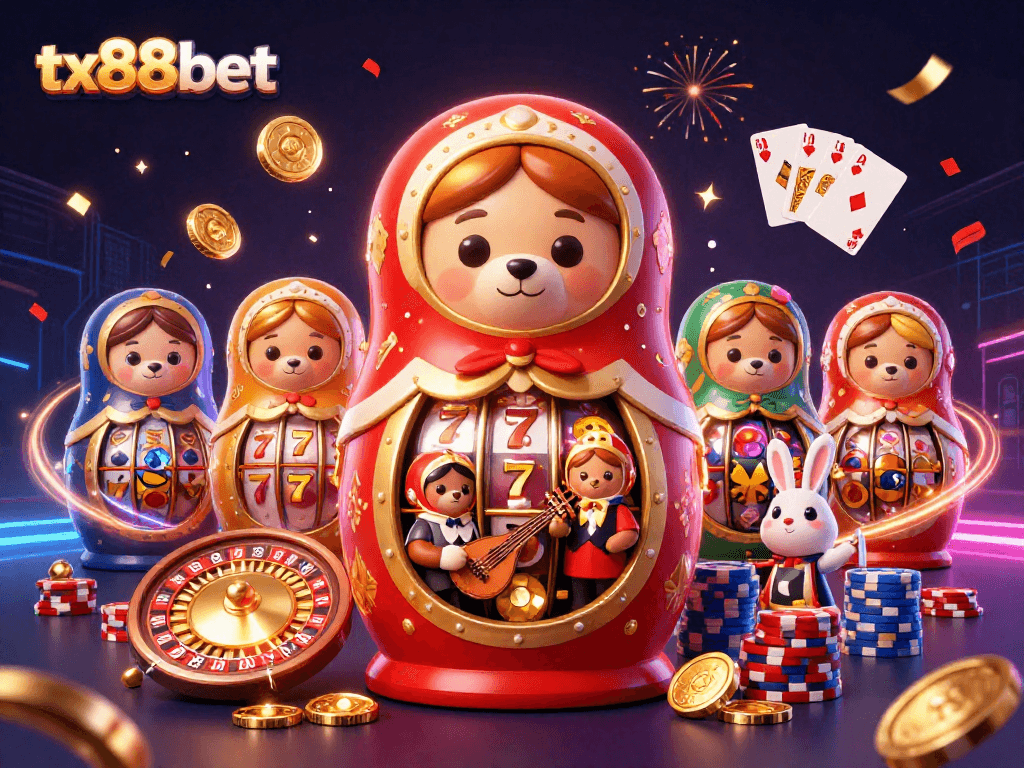 Play the most exciting games at tx88bet, featuring vibrant 3D illustrations of casino elements and characters.