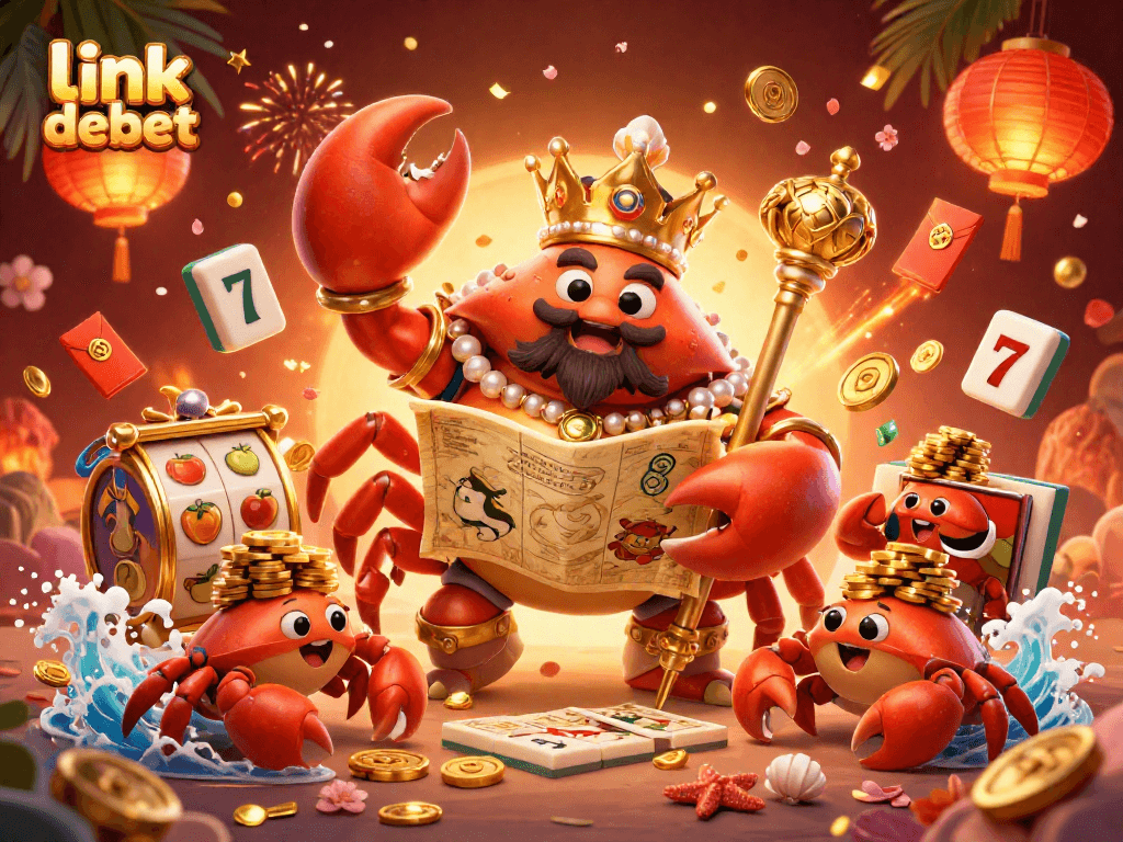link debet offers a vibrant scene with a golden crab emperor holding treasures among dynamic slot elements.
