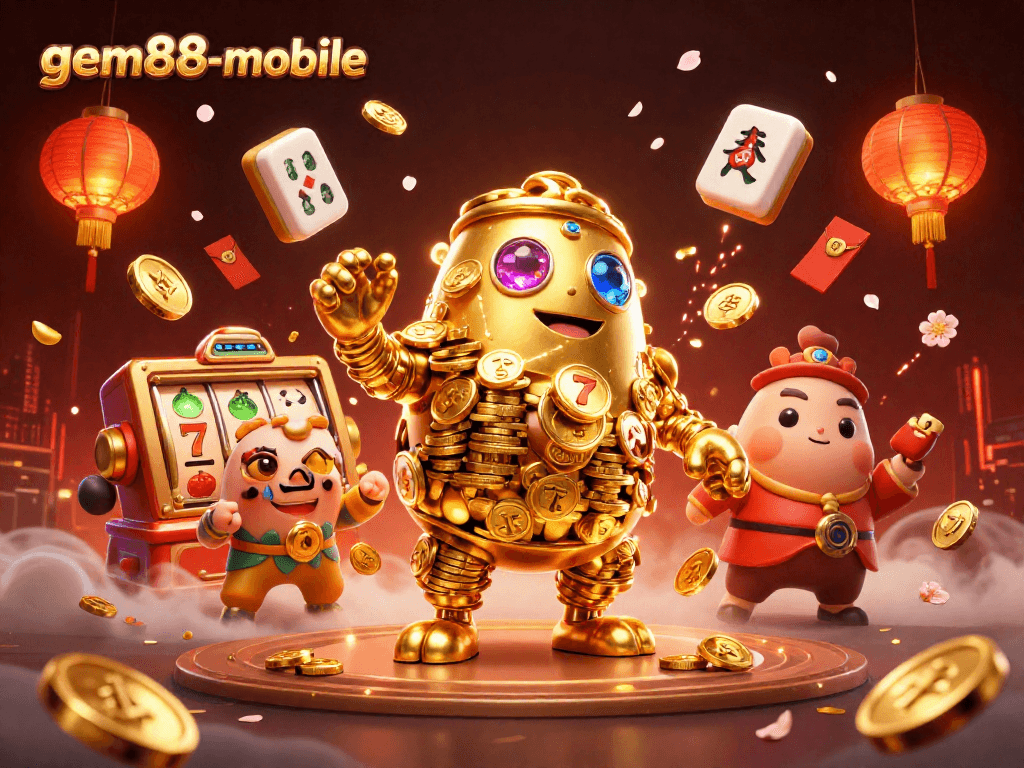 Experience the magic of gem88-mobile with vibrant slot characters and festive elements.