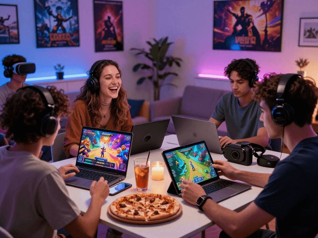 Engaging scene of gamers enjoying online porn games in a cozy living room setting, showcasing modern gaming culture and diverse participation.