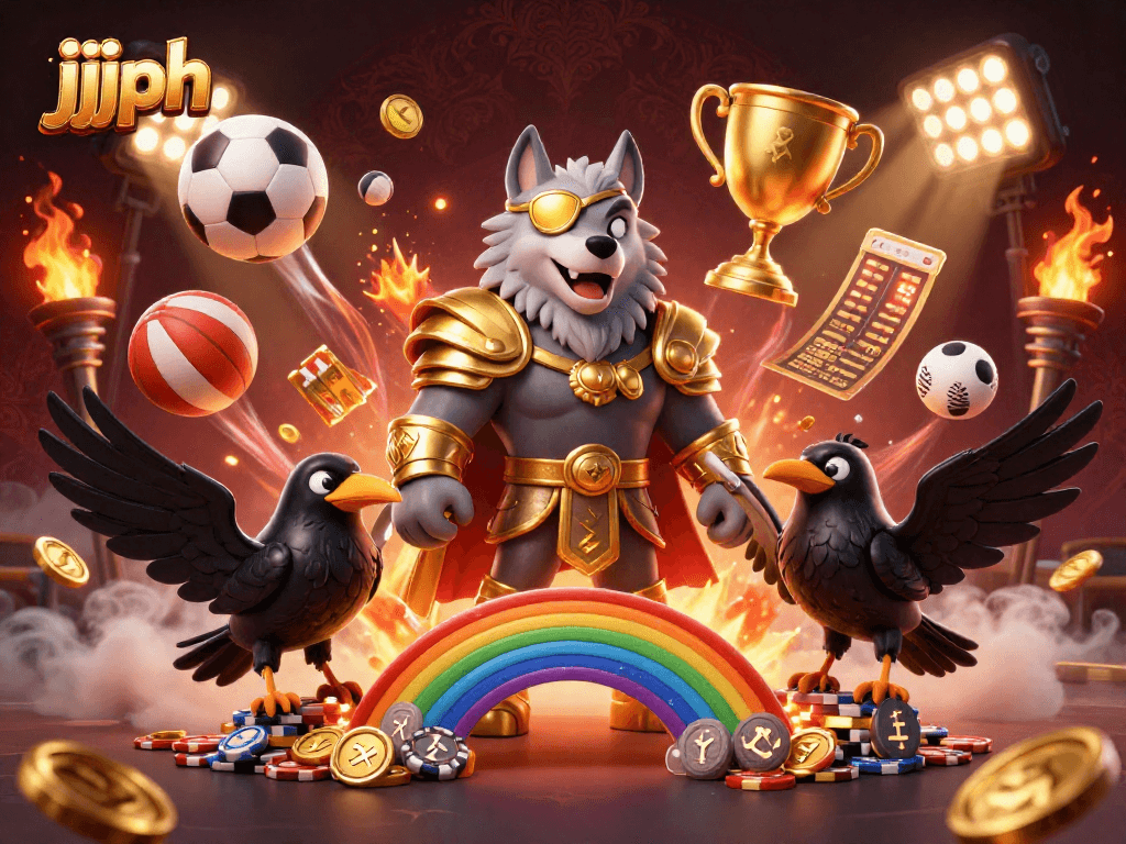 Maglaro gamit ang jjjph sa isang masayang casino na may mga simbolo ng Norse mythology at mga elemento ng palakasan.