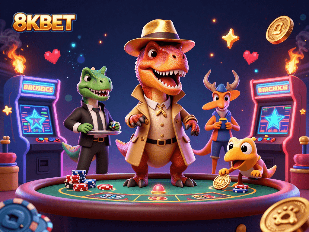 Experience exciting gameplay at 8KBET's casino tables with animated dinosaurs showcasing thrilling action.