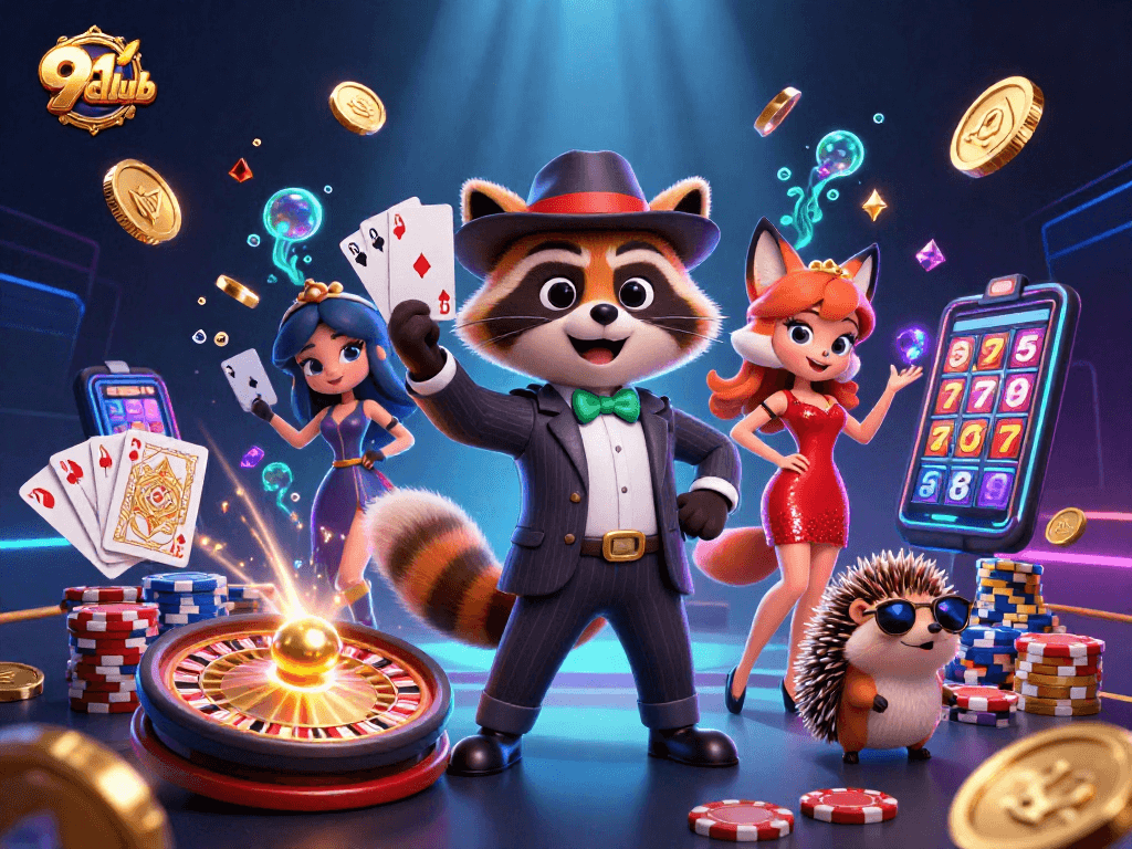Play exciting casino games at 91club with a suave raccoon and friends in a vibrant scene.