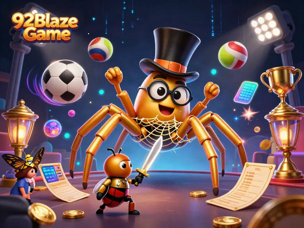 Experience the vibrant energy of 92Blaze Game with a golden tarantula and knight in a casino scene.