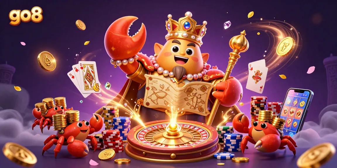 Experience the thrilling go8 gaming adventure with a golden crab emperor and vibrant gambling elements!