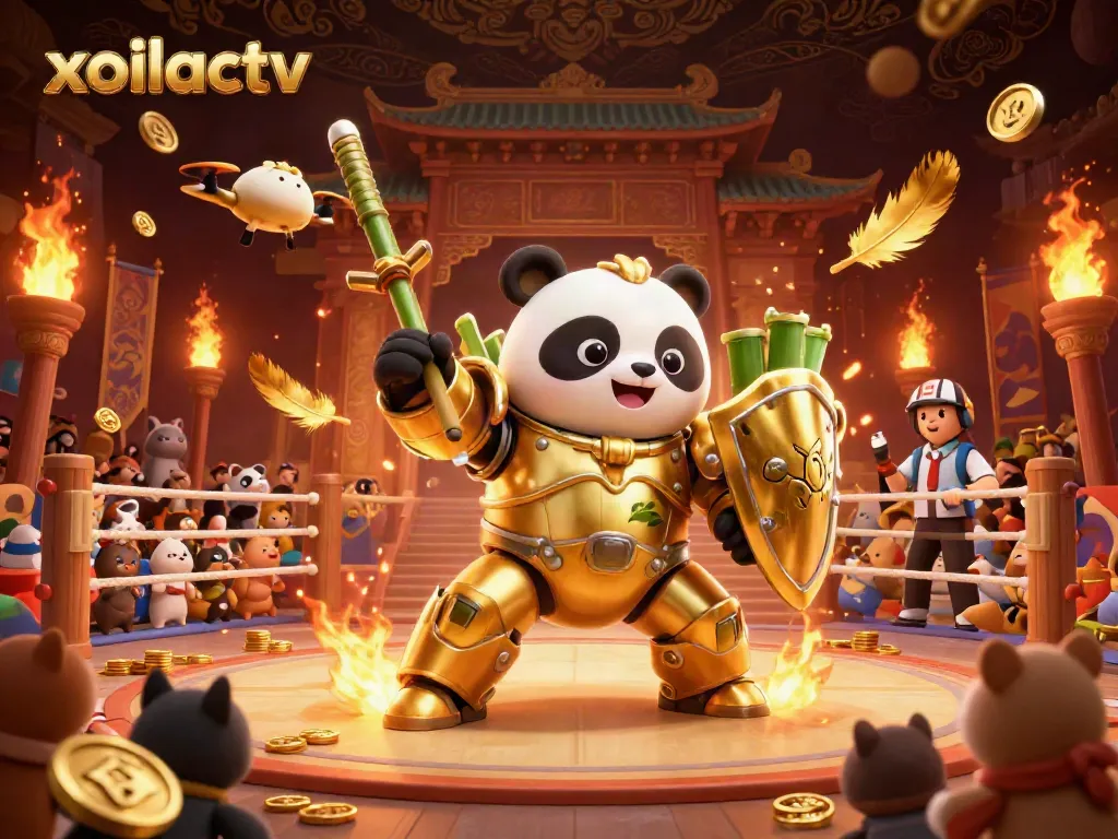 Xoilactv showcases a dynamic 3D panda in a mech-suit battling in an exciting gaming arena full of gold and fire effects.