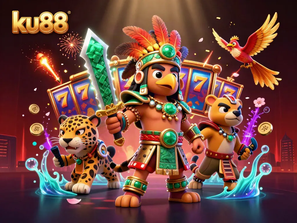 Experience thrilling slots and jackpots at ku88 with an ultra-detailed casino illustration showcasing dynamic gaming elements.