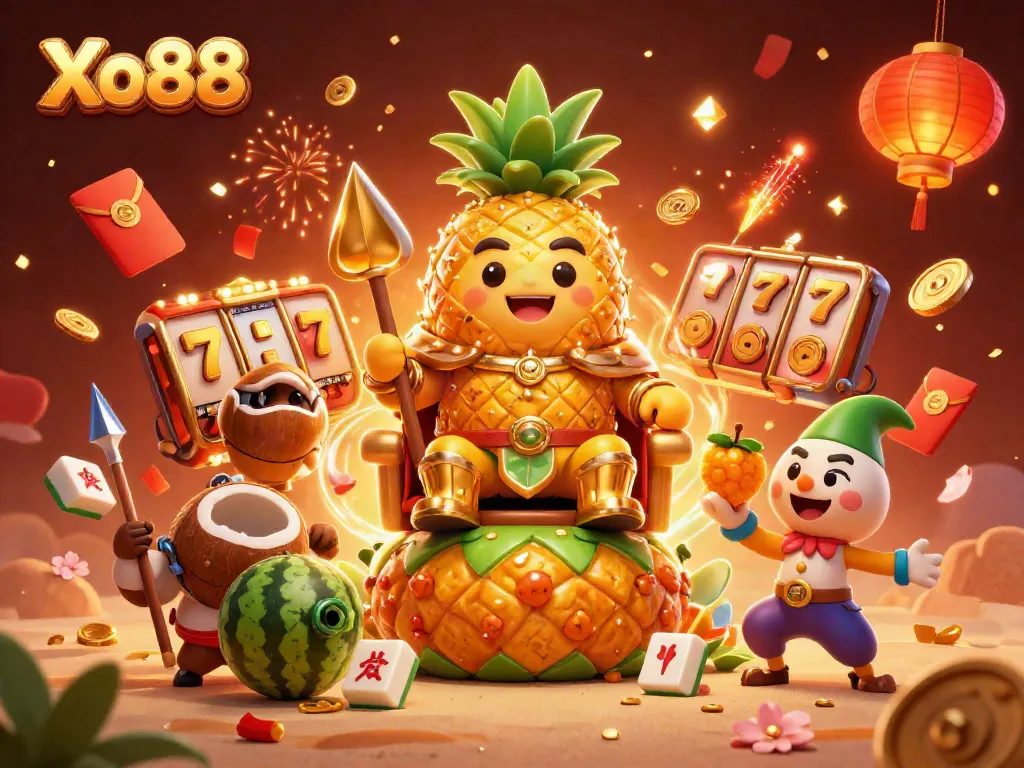 Xo88's vibrant casino scene showcases a golden pineapple king and dynamic gaming elements.