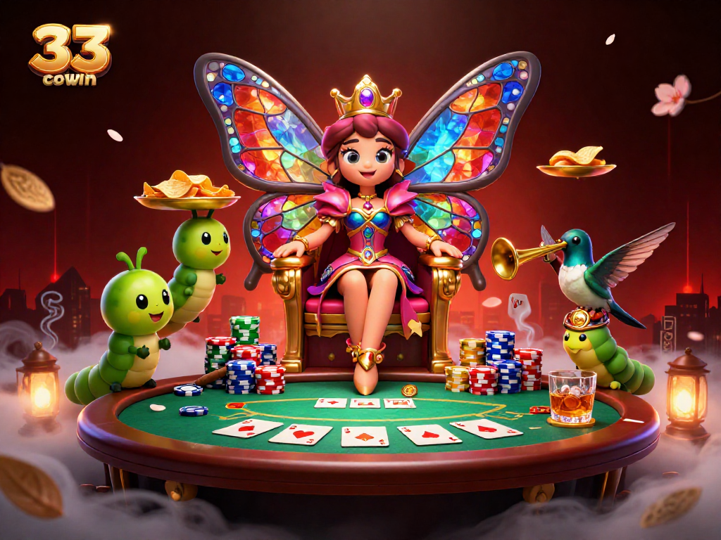 Experience 33win com's vibrant poker scene with a mystical butterfly queen and golden chips.