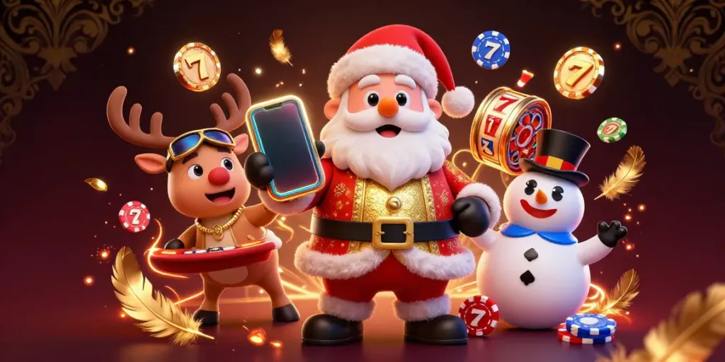 Experience the thrill of MM88 KJC with Santa, his reindeer, and a poker chip snowman in a vibrant casino-themed scene.