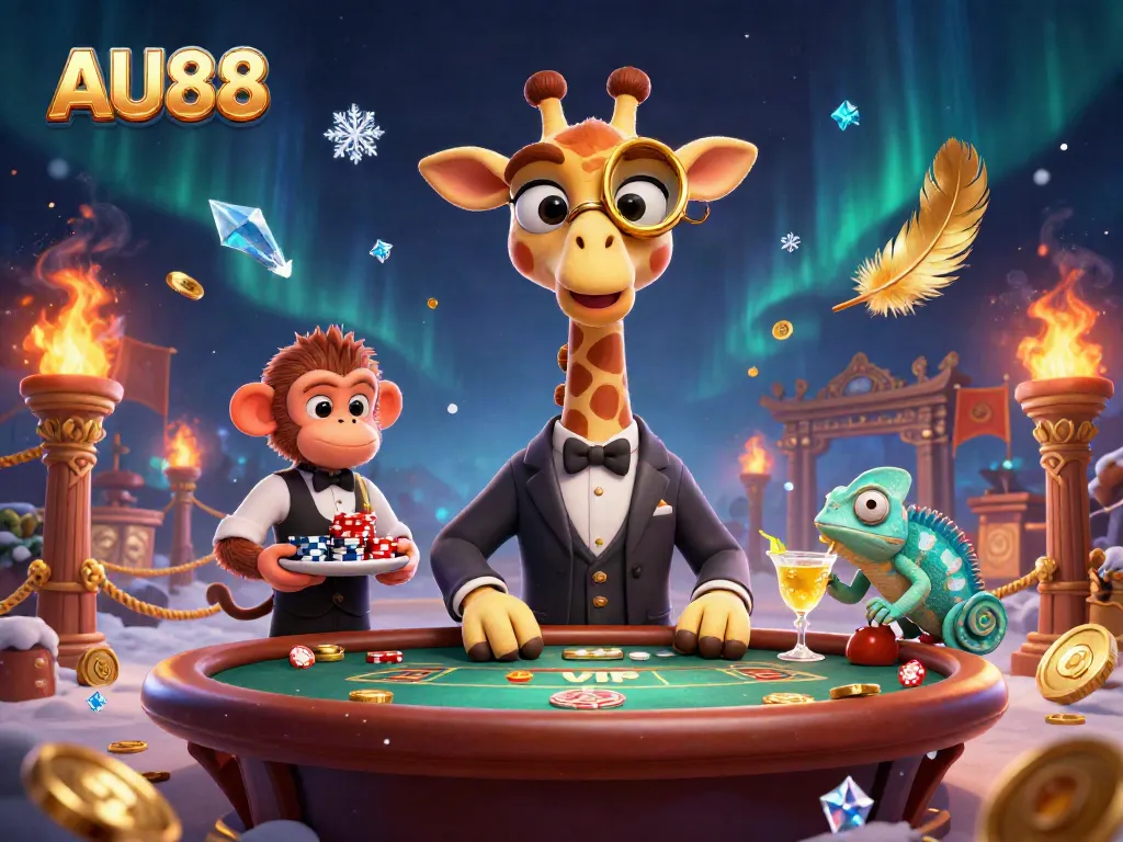 Experience thrilling gameplay at AU88 with a high-roller giraffe celebrating at the poker table.