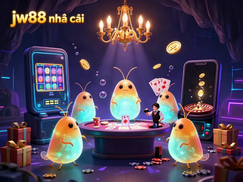 Win at jw88 nhà cái with an exciting casino scene featuring glowworms and vibrant slot games.