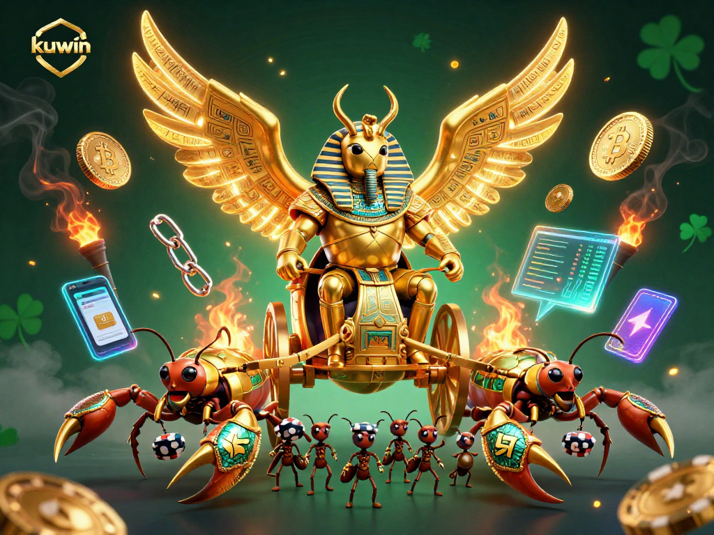 Engage in thrilling action at kuwin with a majestic golden scarab character amidst vibrant casino elements.