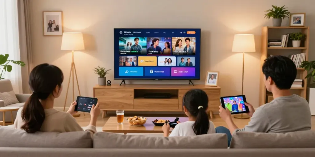 Family enjoying their IPTV subscription services in a cozy living room, watching a movie on a smart TV.