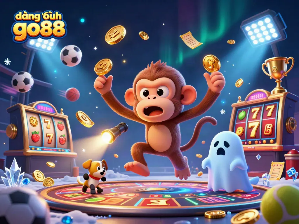 Engage with đăng nhập go88 as playful poltergeist monkey swirls golden coins in a lively casino.