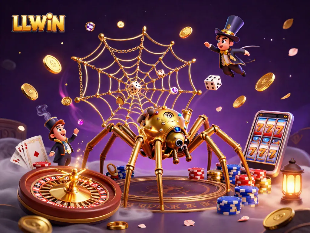 LLWIN showcases a steampunk spider capturing unlucky dice in a vibrant casino web.