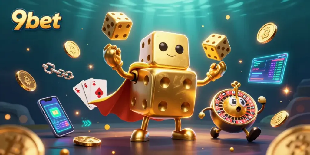 Engage in thrilling action at 9bet with our cartoon golden dice golem and crypto-themed elements!