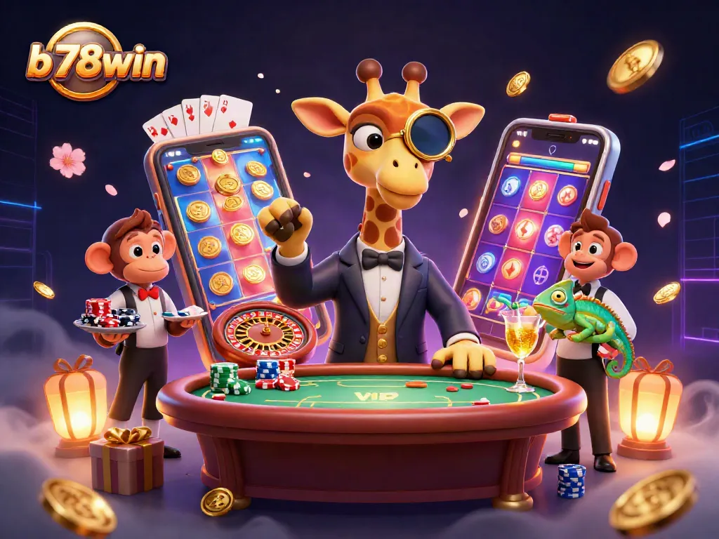 Join the excitement at b78win with a colorful 3D gaming scene featuring a high-roller giraffe, monkey valet, and chameleon bartender.