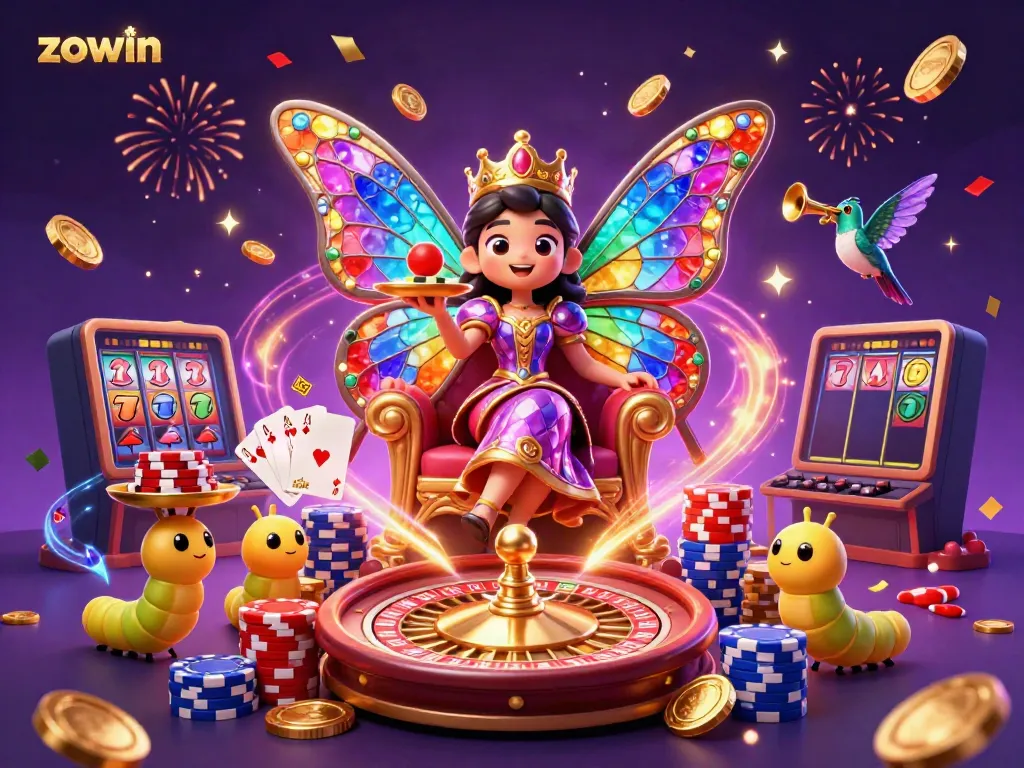 Experience the vibrant magic of Zowin with a dynamic 3D casino scene featuring a butterfly queen, gold coins, and roulette.