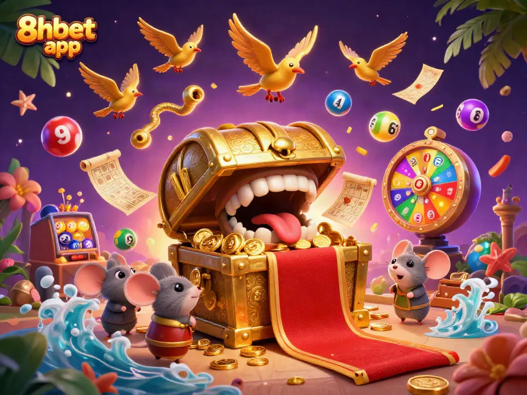 Engage with the exciting 8xbet app, featuring vibrant lottery elements and animated treasure illustrations.