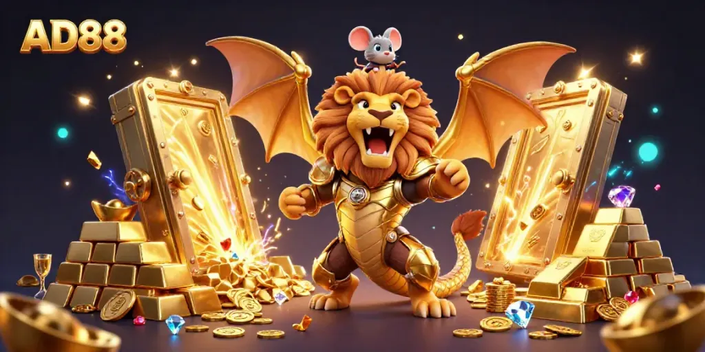 Engage in thrilling adventures with AD88's captivating online casino experience featuring vibrant gold treasures.