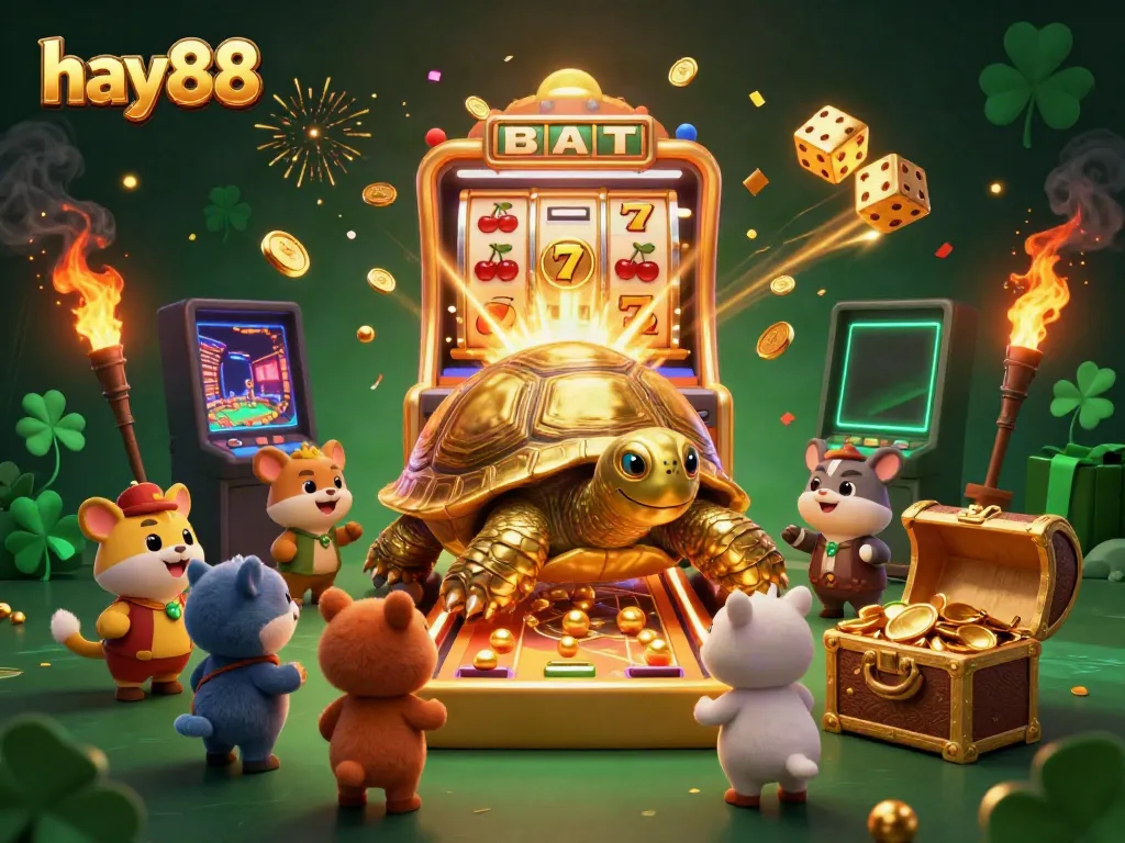 Engage in thrilling gameplay with hay88's jackpot explosion featuring a golden tortoise, slot machine, and vibrant casino elements.