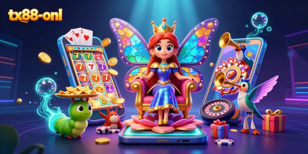 Experience thrilling gaming with tx88-onl in a vibrant casino-themed scene.