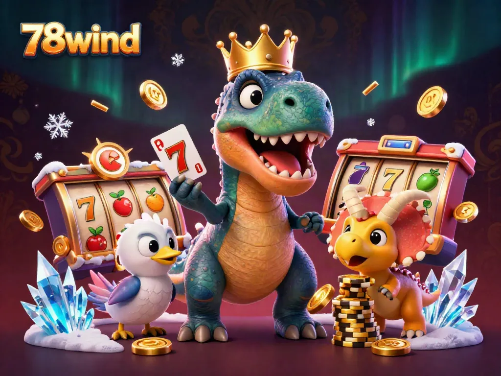 Experience thrilling casino action with 78wind, featuring a T-Rex card dealer and playful elements.