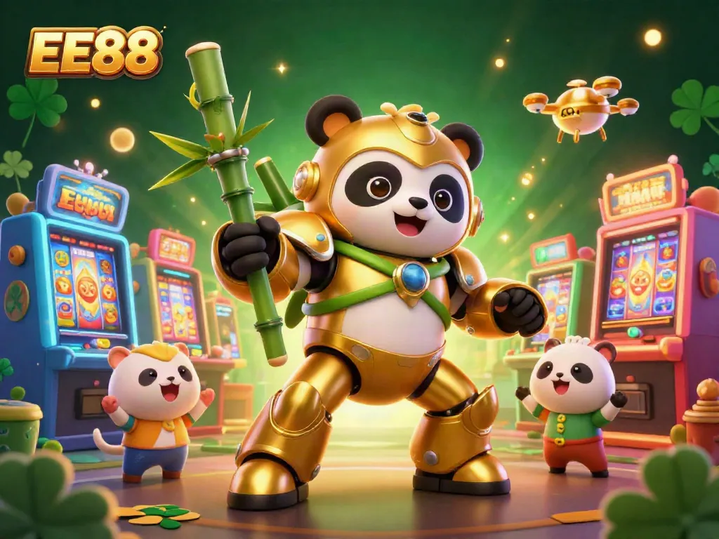 Experience thrilling wins with EE88 in a vibrant 3D casino scene featuring a mech-suit panda.