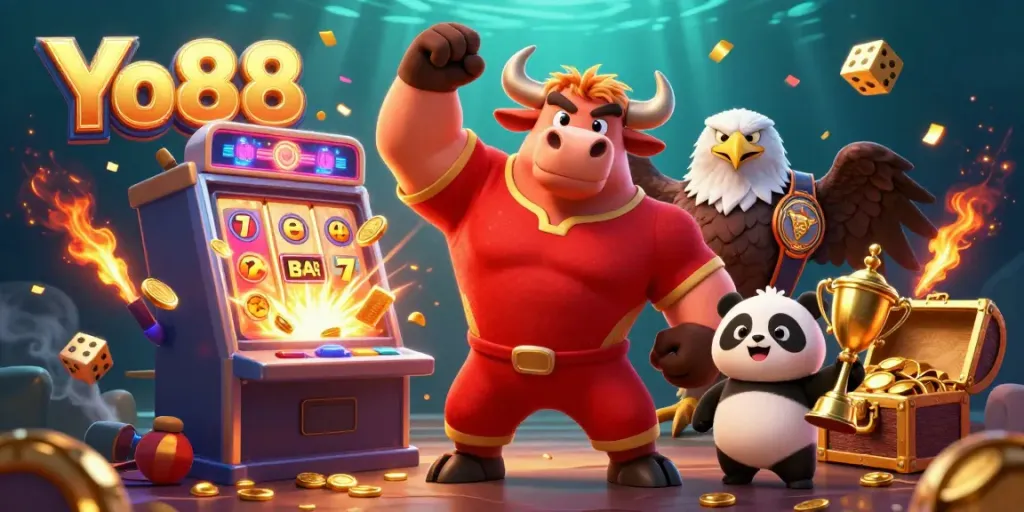 Experience thrilling wins at Yo88 with an exciting 3D illustration featuring dynamic characters and a jackpot explosion.