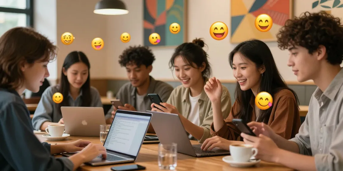 Juicy chat among friends at a coffee shop, vibrant online discussion with emojis and lively expressions