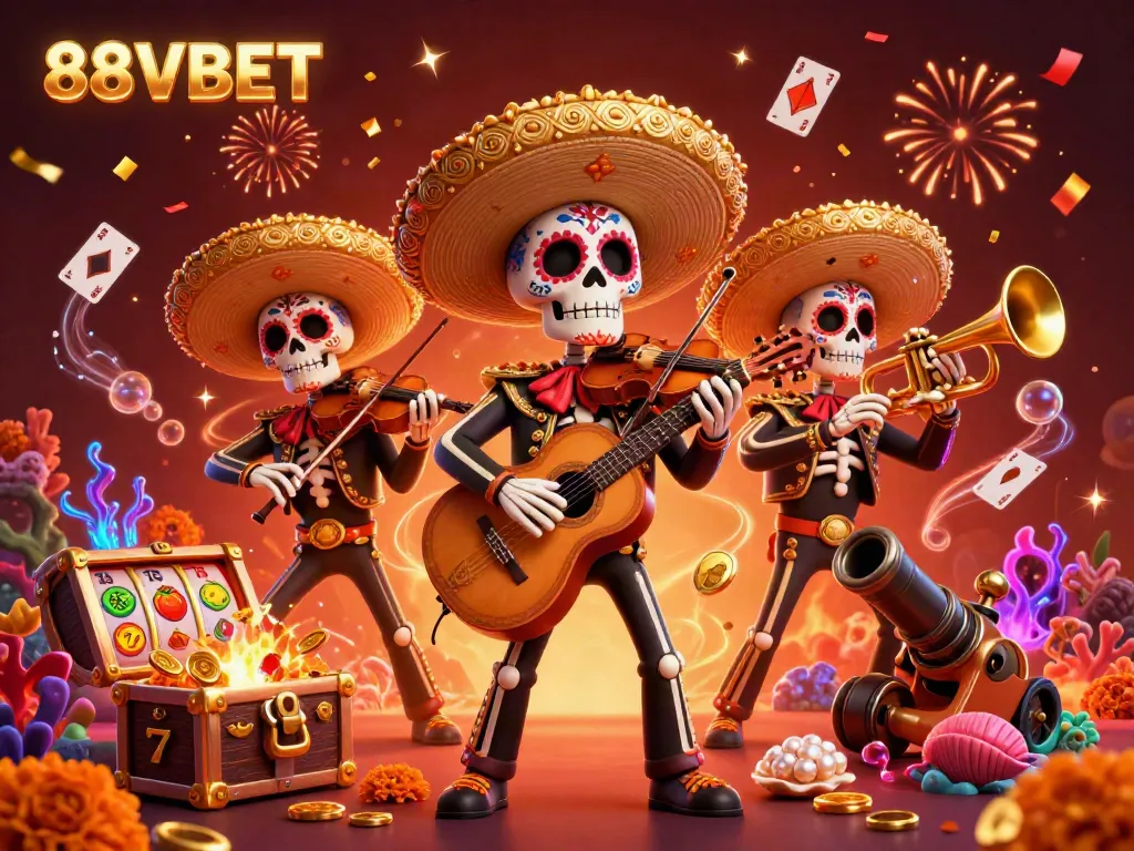 Experience thrilling casino vibes with 88VBET’s skeleton mariachi band and vibrant slot elements.