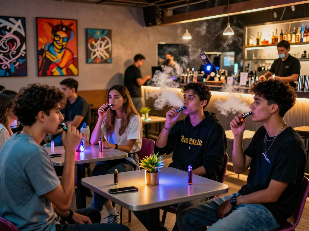 Vibrant urban vape lounge where users enjoy raz vape products in a stylish setting.