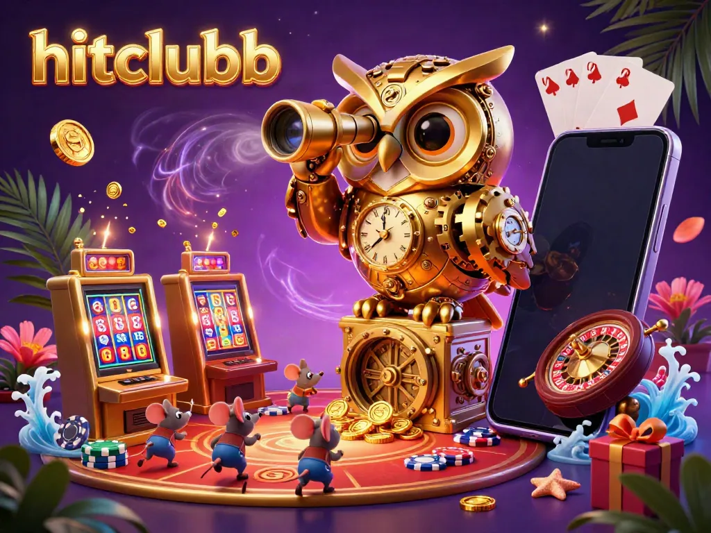 Experience thrilling online gaming with hitclubb in a colorful casino scene featuring a golden owl, slot machines, and vibrant game elements.