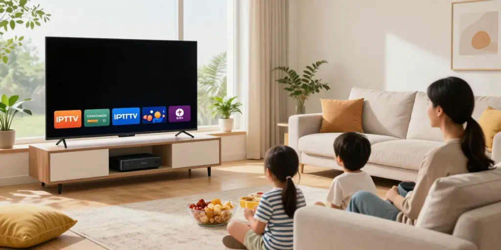 Family enjoying IPTV subscription in a cozy living room with streaming services displayed.