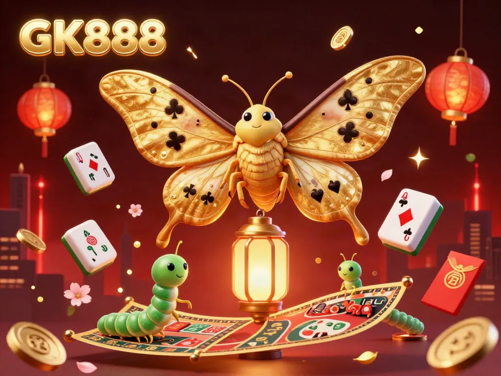 Experience winning thrills with GK888's golden moth and casino scene illustration.