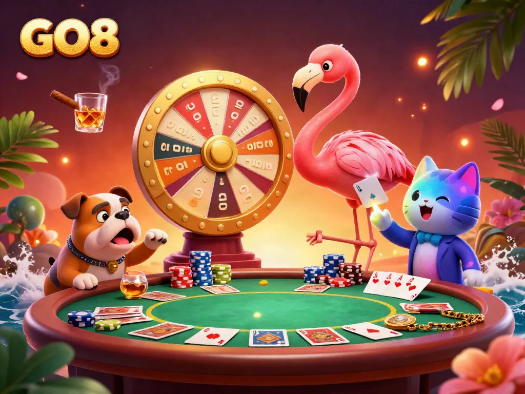 Engaging scene featuring GO8 in a vibrant casino atmosphere with a flamingo game show host, bulldog contestant, and prize reveals.