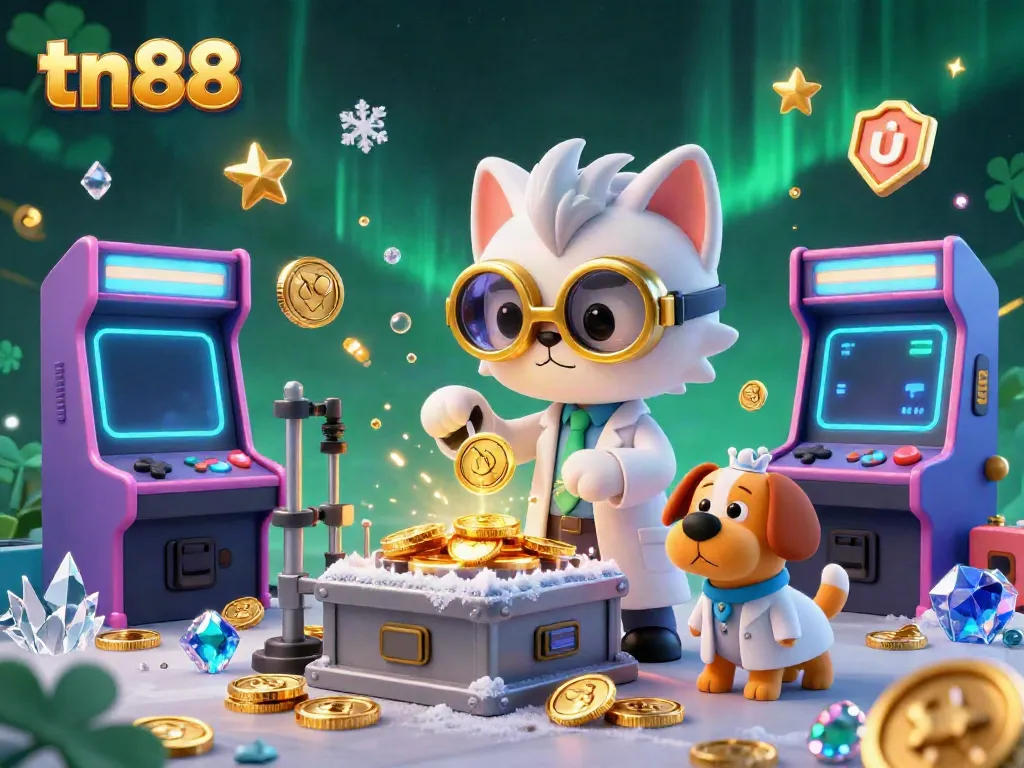 Engage in thrilling casino fun with tn88's dynamic 3D cartoon scene featuring gaming and whimsical characters.